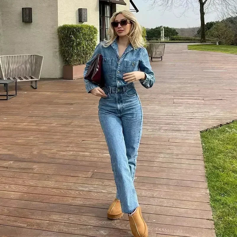 Autumn Denim Jumpsuit for Women Overalls Woman Jean Overalls Long Sleeve Elegant Jumpsuits Y2k Streetwear 2024 Turn Down Collar