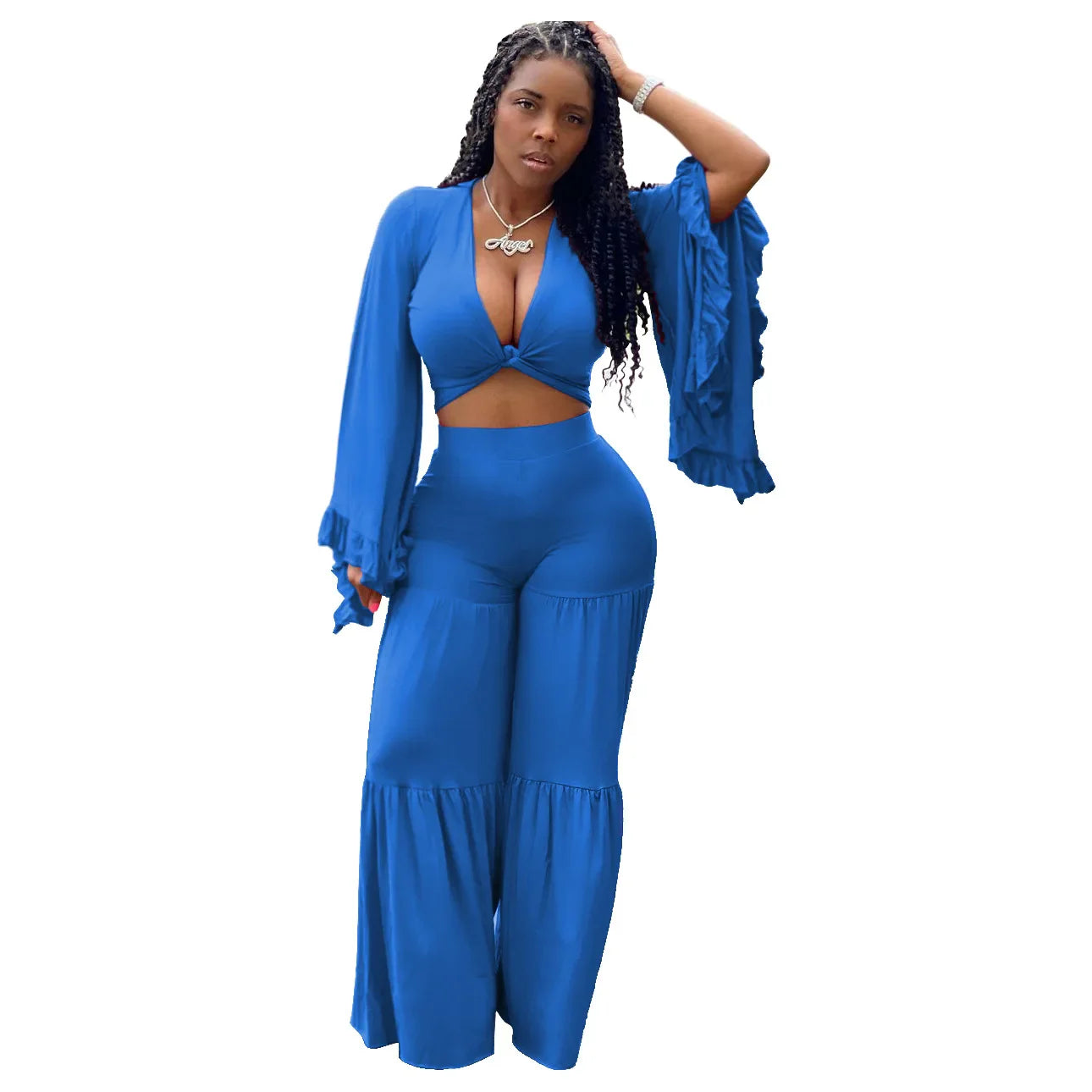 Casual Spring And Autumn For Women's Solid Color Long Sleeved Chest Wrap Top and Wide Leg Trousers Female Office 2 Piece Set