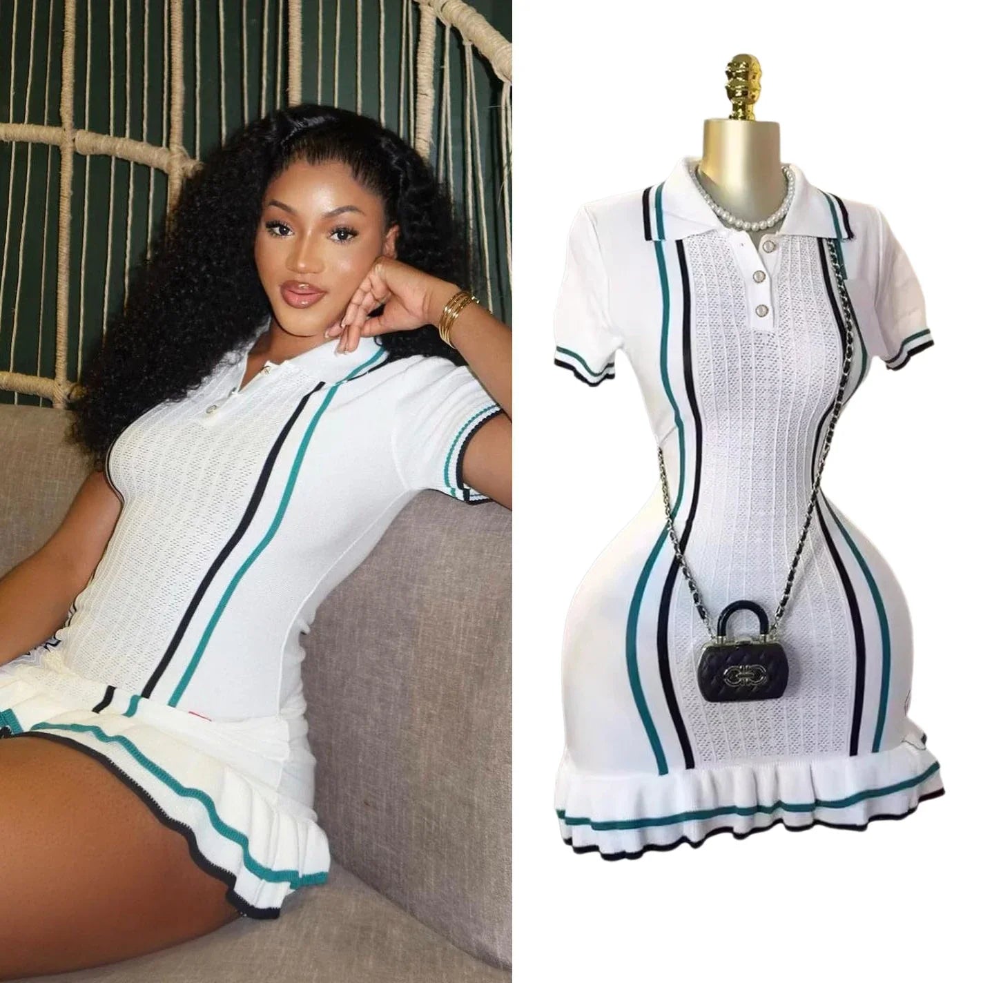 YuooMuoo Chic Fashion Sexy Package Hips Knitted Mini Dress 2025 Summer Vintage Turn-down Collar Ruffled Party Dress Streetrwear