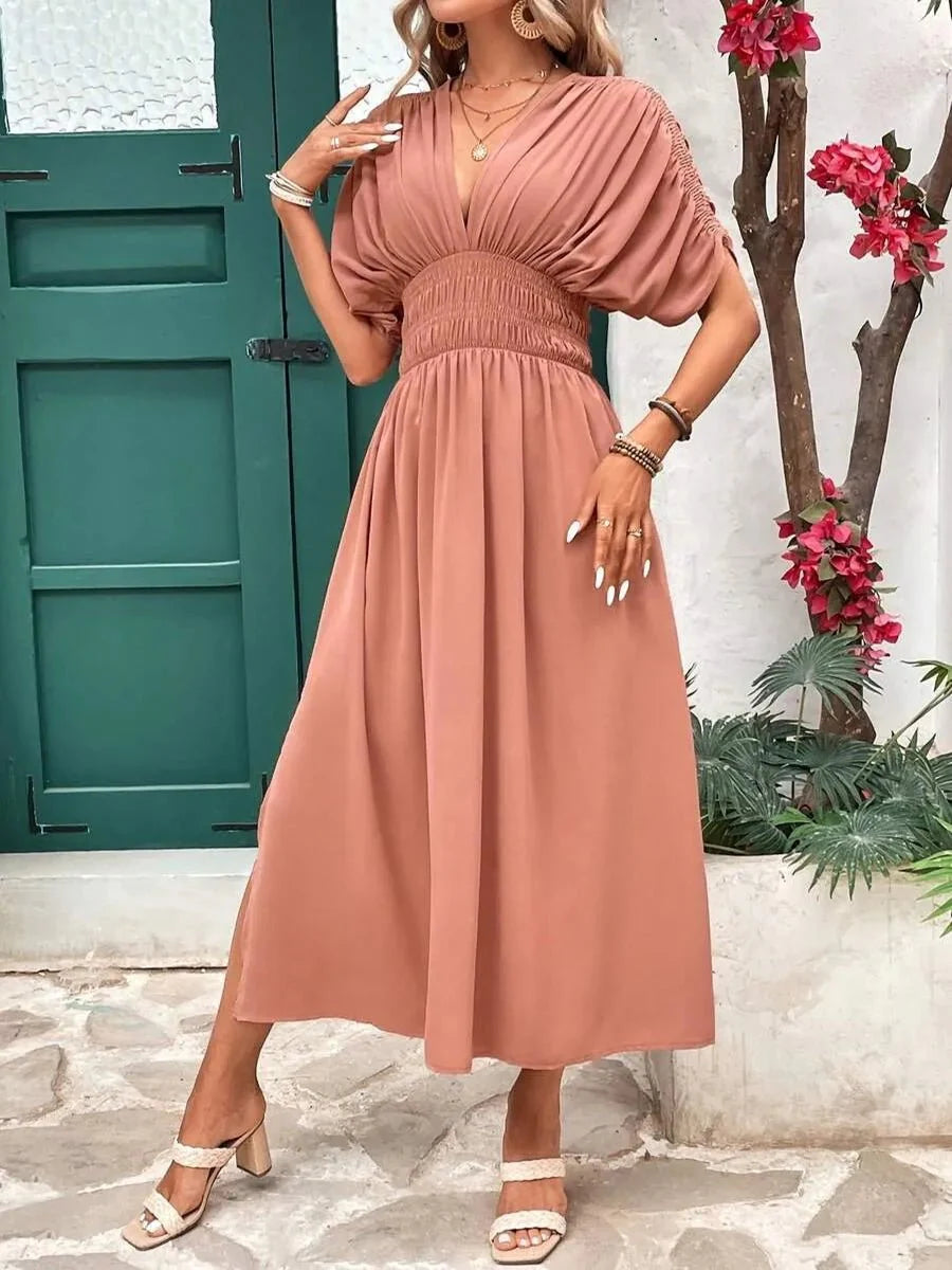 Aydan Bat-sleeved V-neck Slit Dress