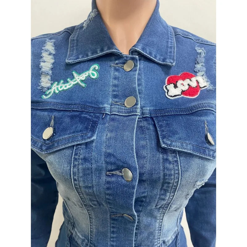 Embroidery Women Denim 2 Piece Set Button Up Jackets High Waist Jeans Skirts Matching Set 2024 Summer Streetwear Club Outfits