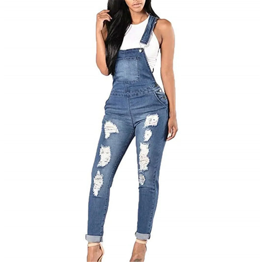 Women Demin Overalls Jumpsuits Jeans Distressed Pencil Pants Denim Holes Pockets Jenas High Street Mid Waist One Piece Slim Fit