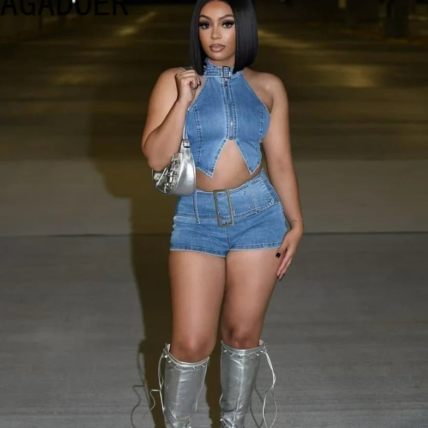 FAGADOER Y2K Sexy Denim 2 Piece Sets Woman Outfit Zipper Sleeveless Backless Halter Crop Top and Shorts Suits Female Streetwear