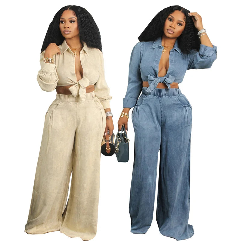 Streetwear Loose Fit Matching Set Outfits for Women Two Piece Set Club Party Lace-up Shirt Top and Wide Leg Pants Set Elegance