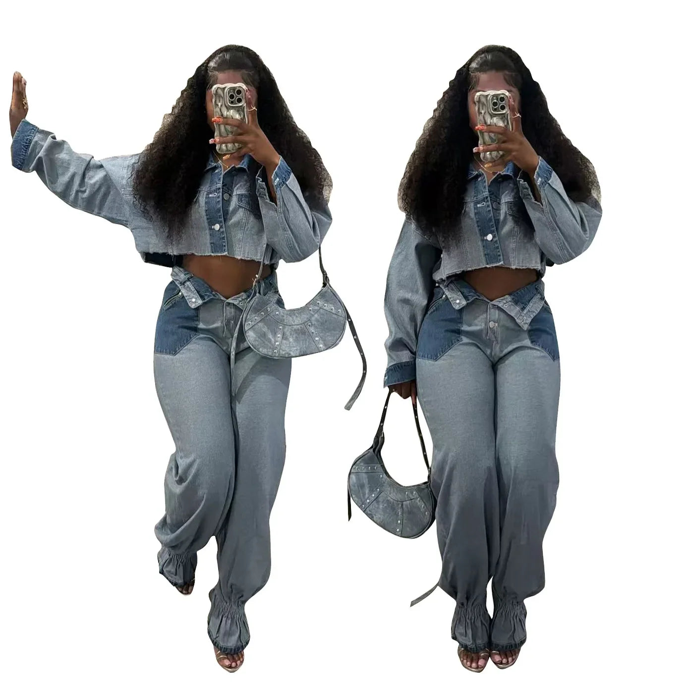 Denim Pant Set Women Two Piece Sets Turn Down Collar Mom Jeans Loose Casual Tops Wide Leg Long Pants High Waist Y2k Streetwear