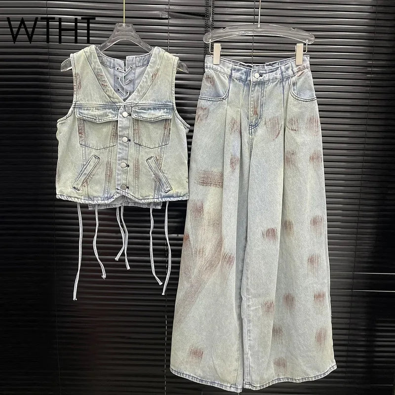 WTHT Vintage 2025 Summer Women's Bandage Single-breasted Denim Vest Fashion High-waisted Loose Wide Leg Jeans Female 1LS1482