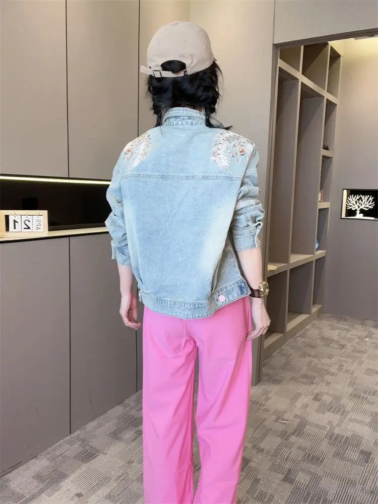 Spring Autumn Short Denim Jacket 2025 New Women's Embroidery Denim Outwear Chinese Style Women Denim Coat Women Loose Jeans Coat
