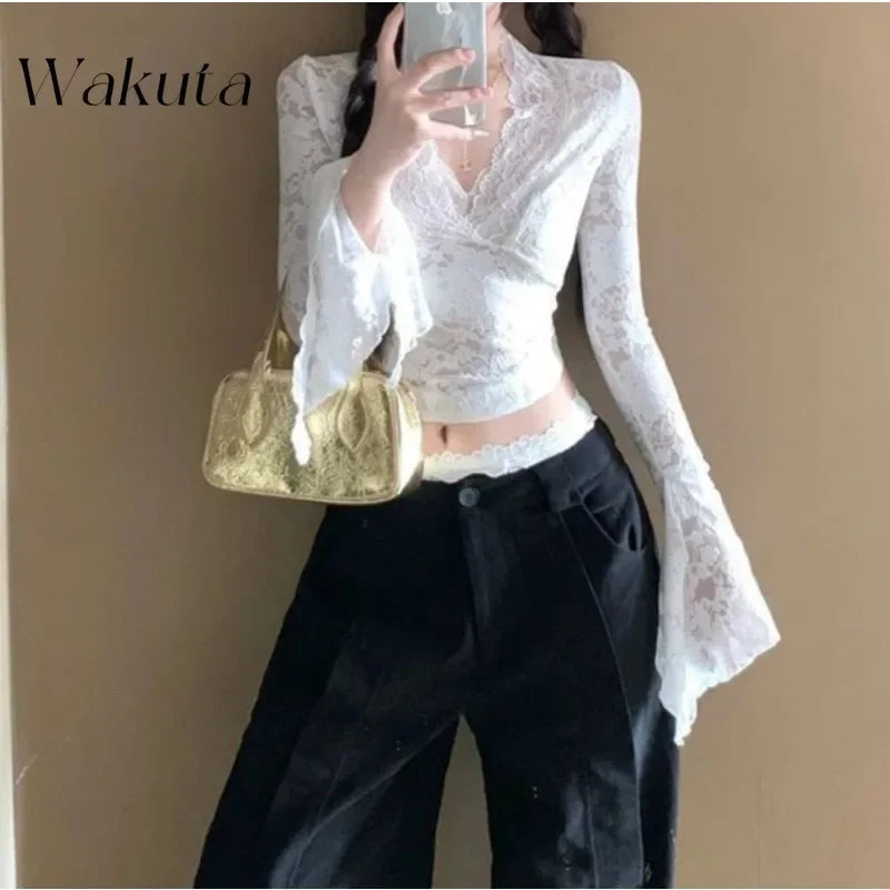 WAKUTA Sexy Lace Shirt V-neck Long-sleeved Outwear Tops Fall Short Tight Design Pure Desire Hottie Inner Pullovers Кофта Женская