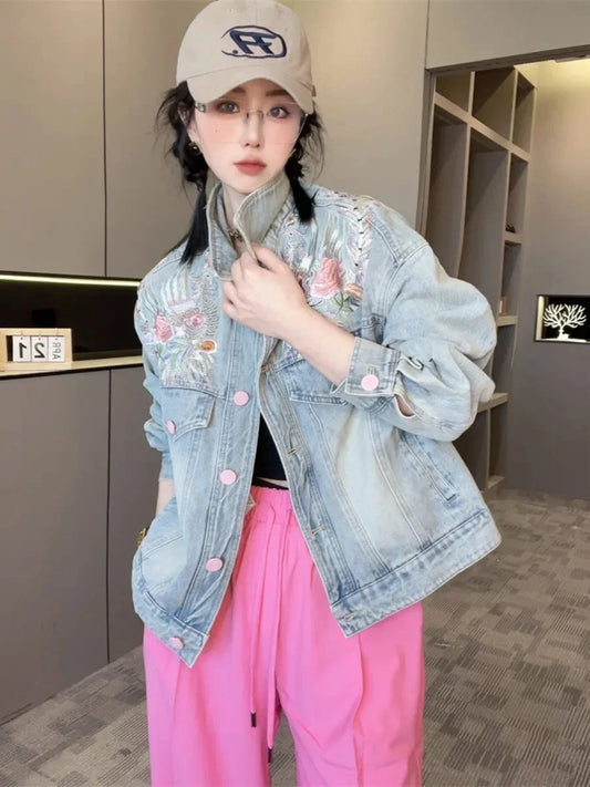 Spring Autumn Short Denim Jacket 2025 New Women's Embroidery Denim Outwear Chinese Style Women Denim Coat Women Loose Jeans Coat