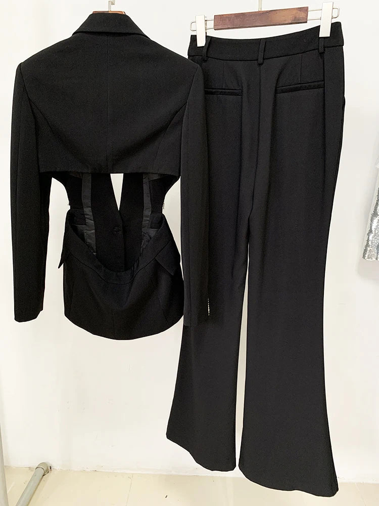 HIGH STREET Newest Fashion 2024 Designer Suit Set Women's Single Button Hollow Out Diamonds Beaded Blazer Flare Pants Set