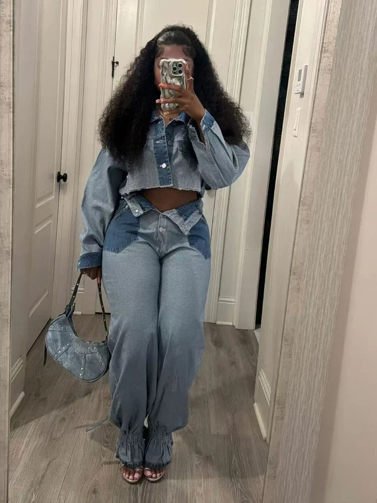 Denim Pant Set Women Two Piece Sets Turn Down Collar Mom Jeans Loose Casual Tops Wide Leg Long Pants High Waist Y2k Streetwear