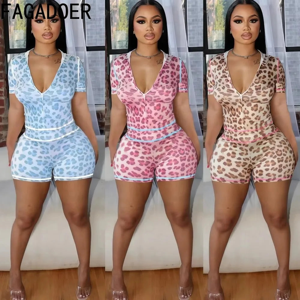 FAGADOER Sexy Leopard Contrast Letter Print Woman 2 Piece Set Outfit Short Sleeve Crop Jacket+Skinny Flare Pants Suit Streetwear
