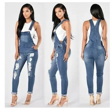 Women Demin Overalls Jumpsuits Jeans Distressed Pencil Pants Denim Holes Pockets Jenas High Street Mid Waist One Piece Slim Fit