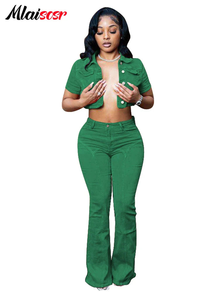 Mlaiscsr Green Denim Baddies Outfits for Women Two 2 Pieces Set Flare Jeans and Crop Top Stretch Suits Birthday Party Clubwear