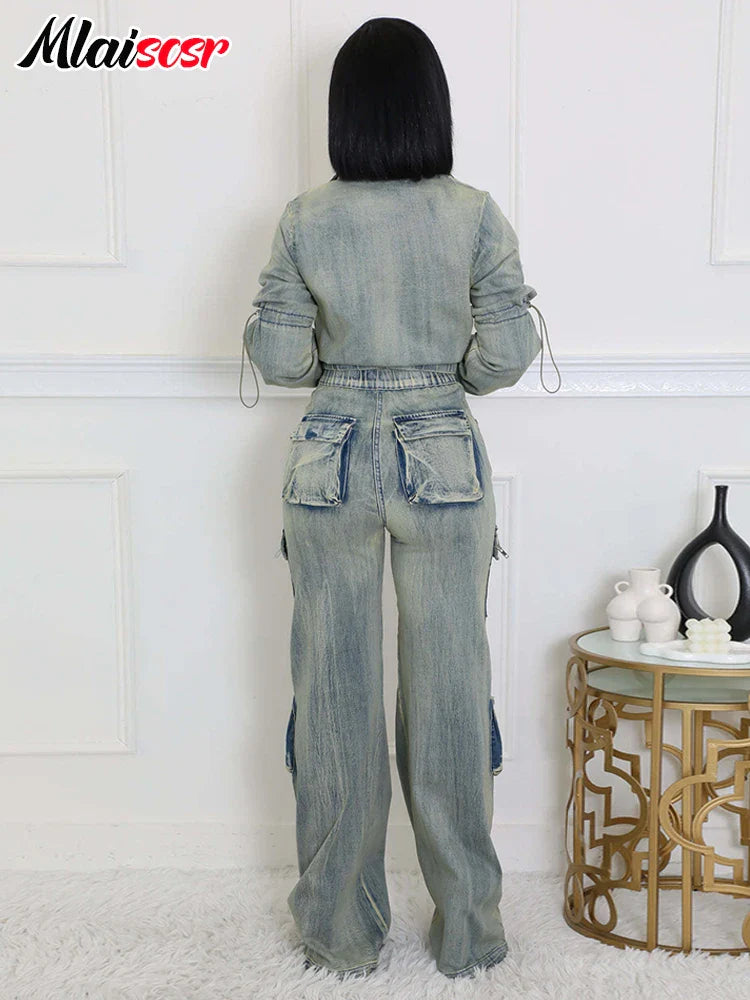 Mlaiscsr Vintage Stretch Denim 2 Piece Pants Sets Women Zip Slim Jackets and Pocket Cargo Jeans Outfit Streetwear Winter Suits