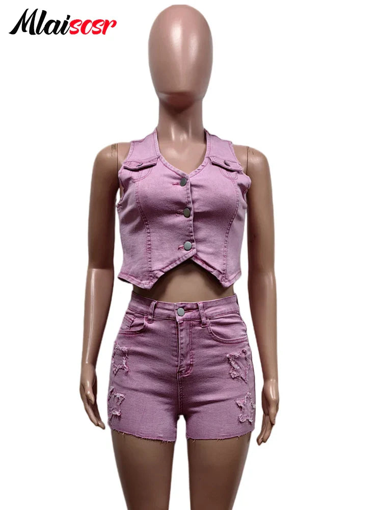 Mlaiscsr Pink Stretch Denim Sexy 2 Piece Club Outfit Women Sets V-Neck Vest Crop Tops and Embroidered Shorts Suit Y2k Streetwear
