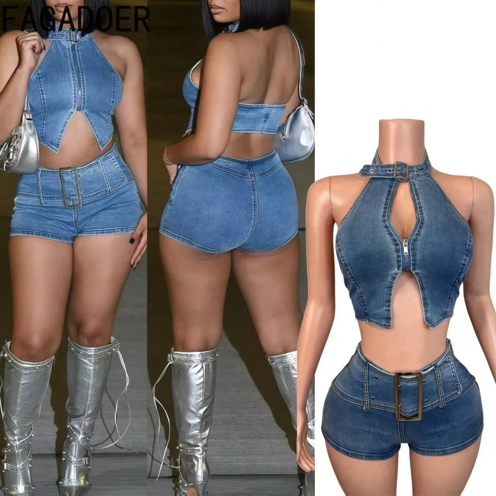 FAGADOER Y2K Sexy Denim 2 Piece Sets Woman Outfit Zipper Sleeveless Backless Halter Crop Top and Shorts Suits Female Streetwear