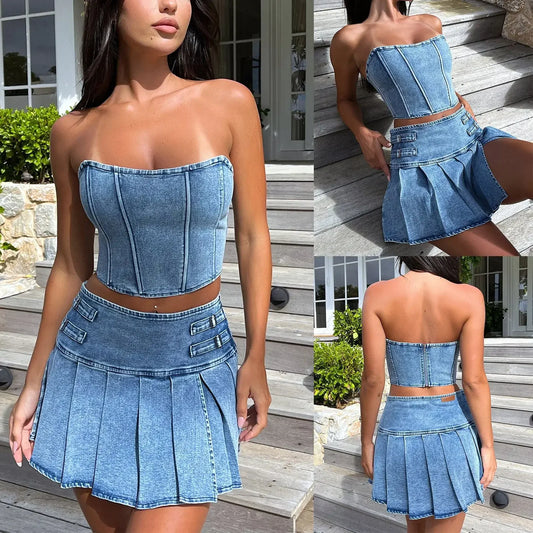 Denim Dress Sets Strapless Pullover Tops Solid Pleated Mini Skirts Spliced High Waist Skirt Matching Sets Streetwear Autumn