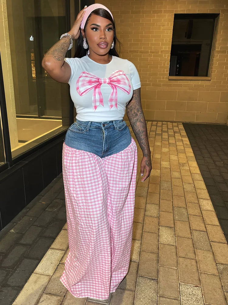 Kricesseen Women Bow Tie Shirt Top And Plaid Print Wide Leg Pant Set 2 Piece Outfits Fashion Patchwork Tracksuits Set Clubwear