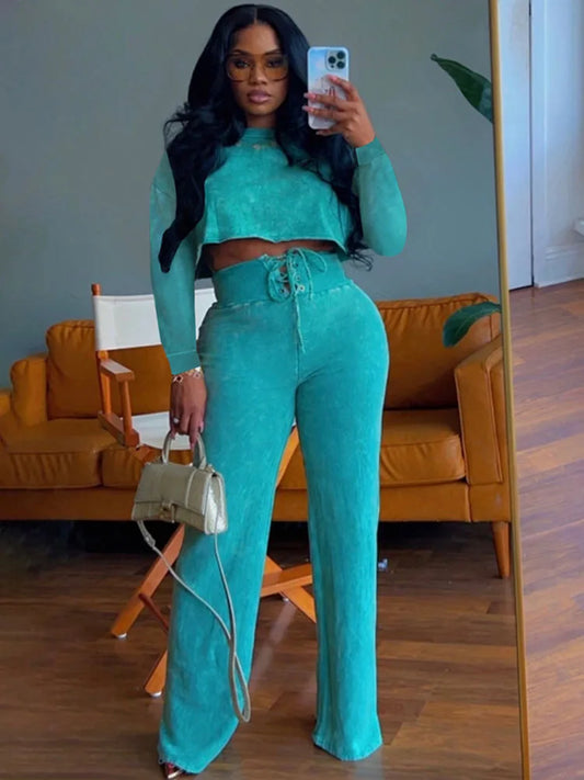 Solid Casual Two Piece Set for Women Sweatsuit Sporty Fitness Long Sleeve Top and Lace-up Wide Leg Pants Joggers Tracksuit Fall