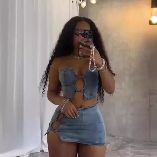 Sexy Denim Strapless Top Sleeveless Hollow Out Two Piece Sets Women Crop Tops Mini Skirt Cowboy Outfits Streetwear Skirts Suits