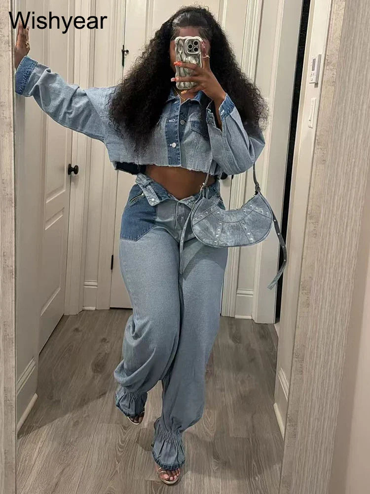 Streetwear Blue Patchwork Denim Two 2 Piece Pants Set Women Sales Long Sleeve Crop Tops and Flare Jeans Loose Matching Outfits
