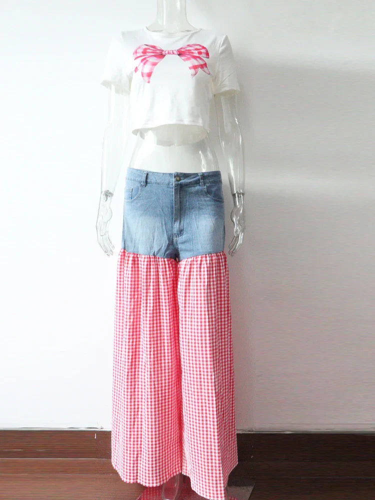 Kricesseen Women Bow Tie Shirt Top And Plaid Print Wide Leg Pant Set 2 Piece Outfits Fashion Patchwork Tracksuits Set Clubwear