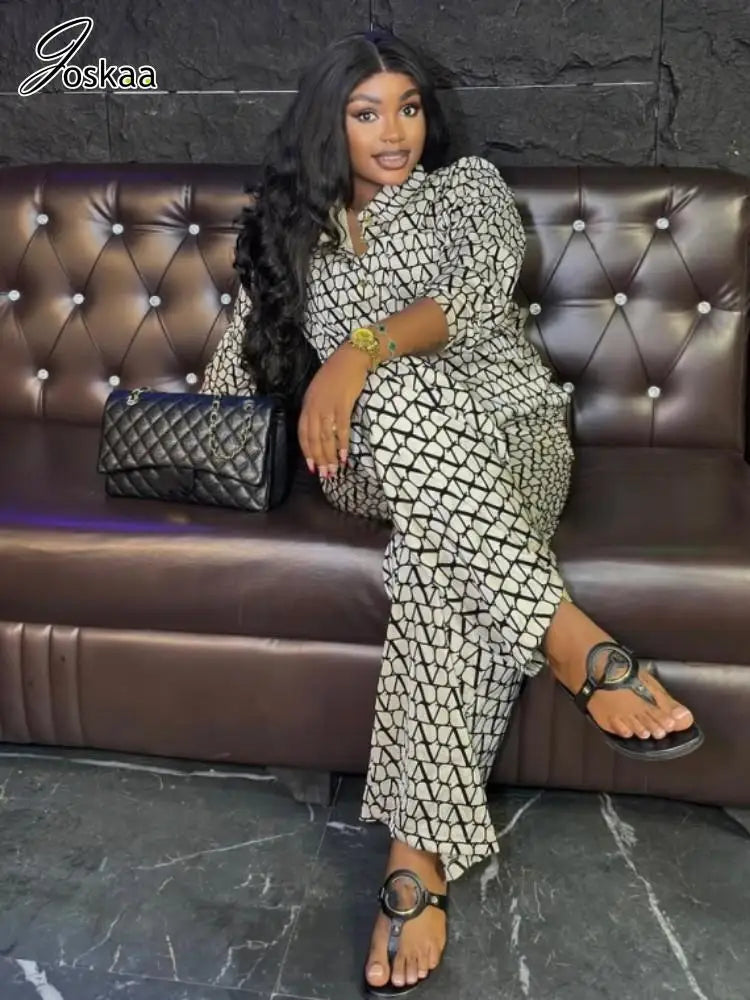 Joskaa Print 2 Piece Sets Women Hipster Lapel Full Sleeve Oversized Blouse and Wide Leg Pants Matching 2025 Y2K Streetwear
