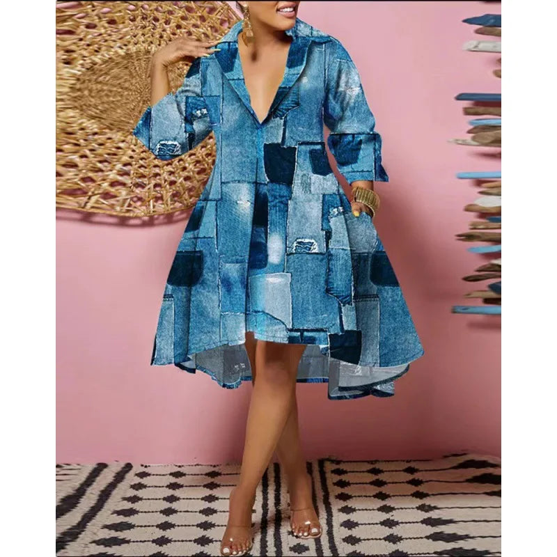 Women Sexy Fashion Printed Shirt Dresses Chic V Neck Loose Long Sleeve Dress Causal Vacation Female Mini Vestidos Robe Clothing