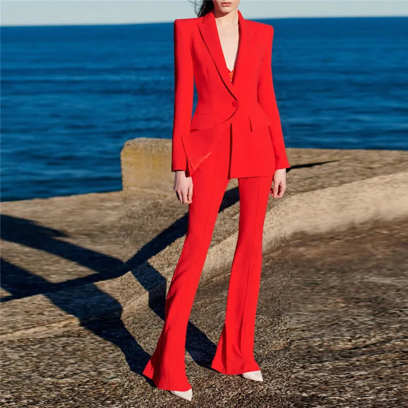 HIGH QUALITY New Fashion 2024 Designer Blazer Suit Set Women's Single Button Red Blazer Flare Pants Suit