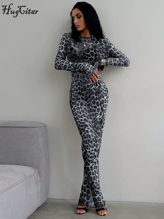 Hugcitar Leopard Print Mesh Long Sleeve Sexy Slim  See Through Maxi Dress Fall Women Fashion Outfits Beach Vacation Club