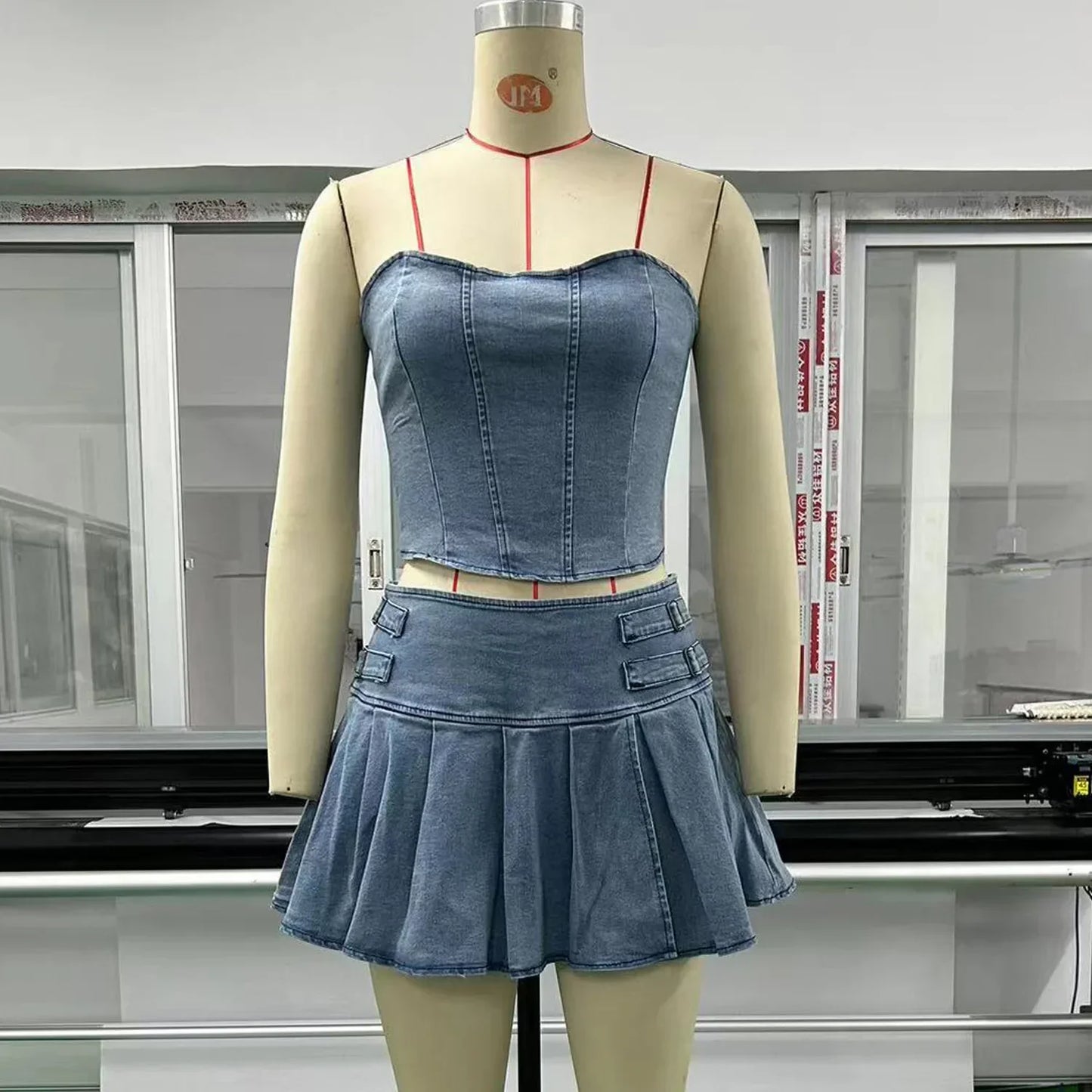 Denim Dress Sets Strapless Pullover Tops Solid Pleated Mini Skirts Spliced High Waist Skirt Matching Sets Streetwear Autumn