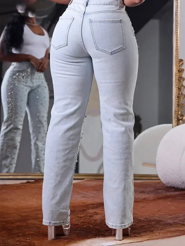 Plus Size Women's Beading Jeans High Waist Slim Casual Denim Pant Vintage Fashion 2025 Streetwear Straight Jeans Trousers
