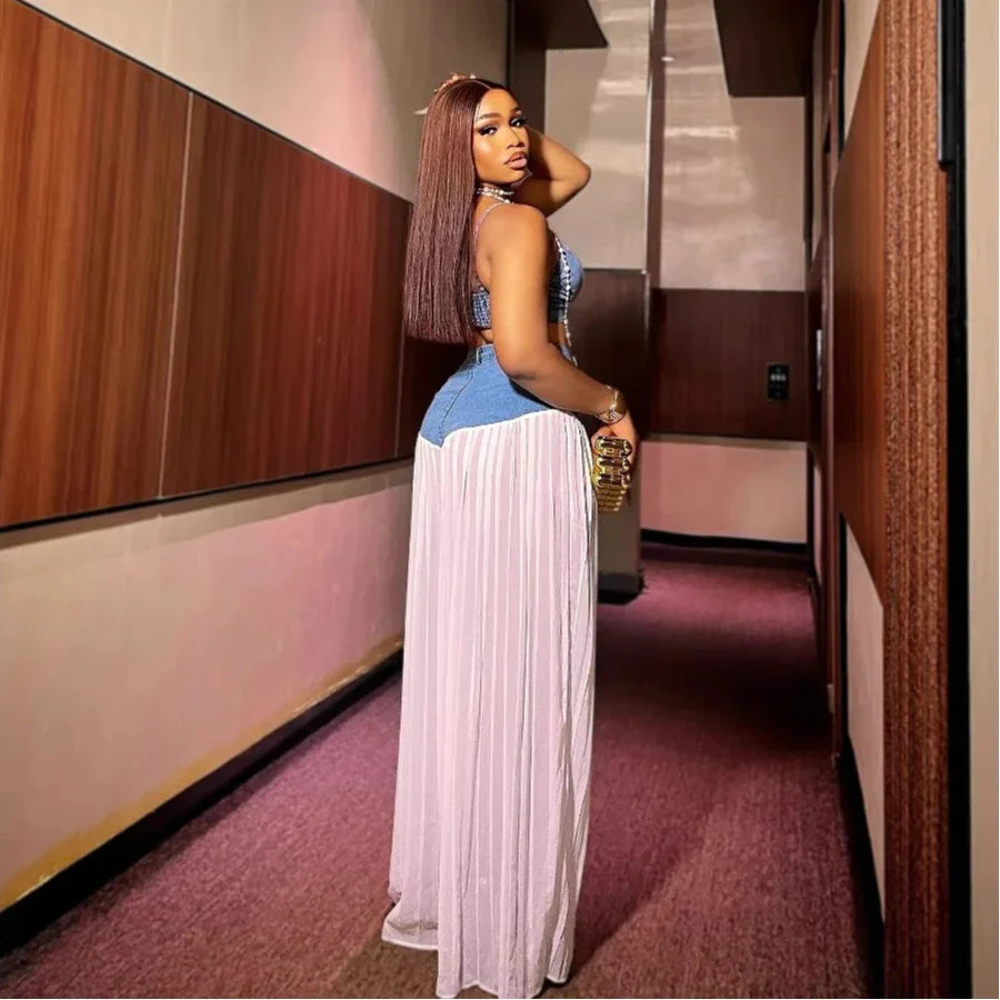 2 Piece Sets Women Sexy Denim Camisole Wide Leg Pants Patchwork Folds Slip Vest Floor Length Suit 2025 Summer Casual Outfits