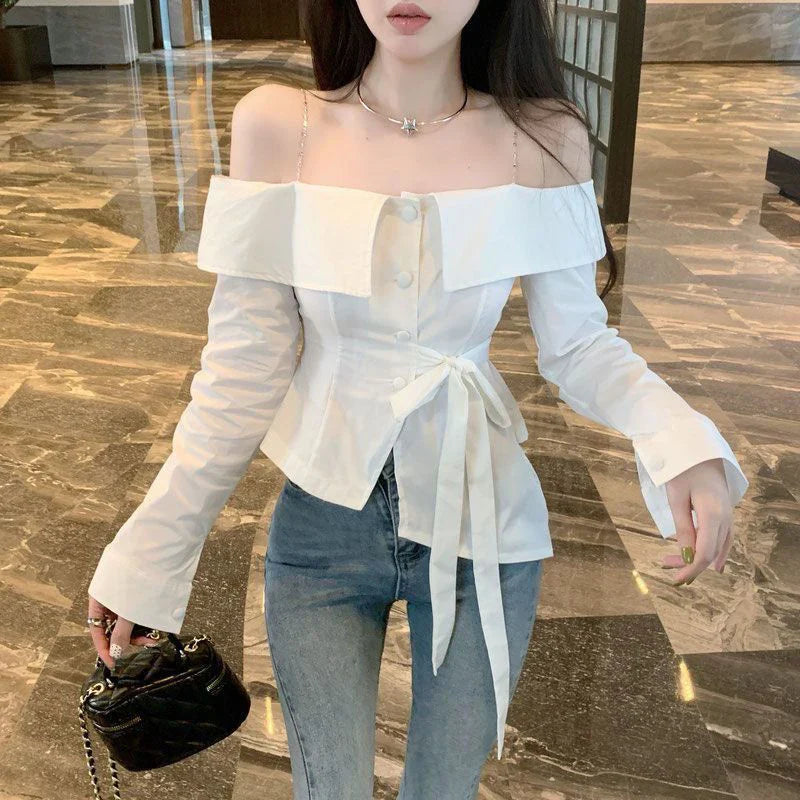 Elegant Slash Neck Shirts Women Streetwear Ruffles Bandage White Blouses Korean Fashion Chain Long Sleeve Design Slim Tops New
