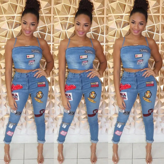 Summer Jeans Outfits 2024 Women Clothes Sets 2 Piece Birthday Party Club Sexy Crop Top and Pants Denim Two Piece Mathcing Set