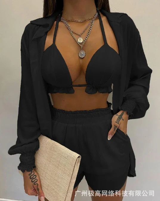 Lantern sleeve shirt and pocket design shorts set, solid color with ruffled edges and exposed navel top, new for 2025