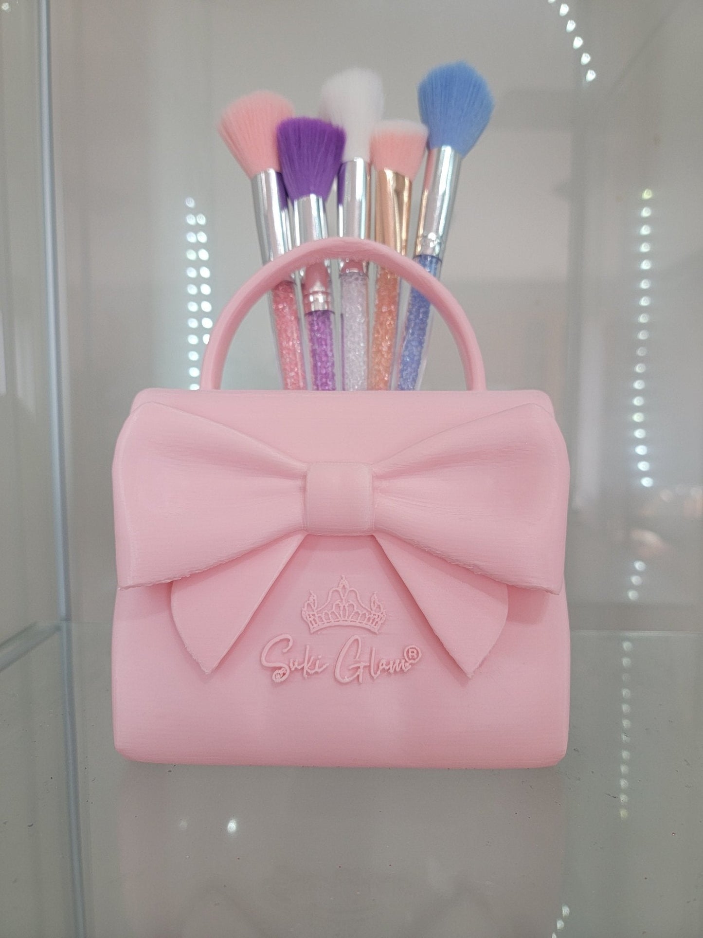 Pretty in Pink Bow Handbag Brush Holder - Glamorous Vanity Organizer