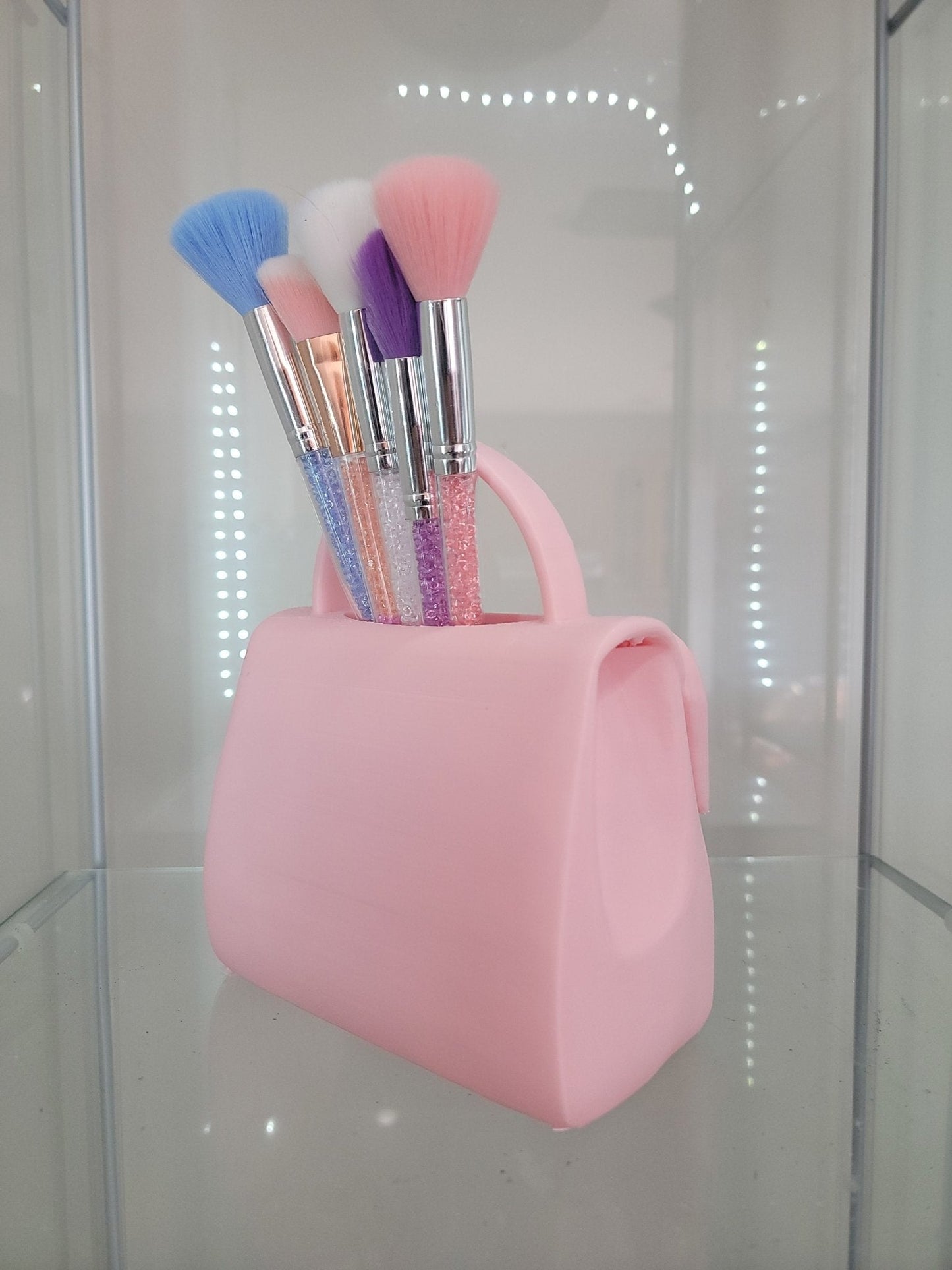 Pretty in Pink Bow Handbag Brush Holder - Glamorous Vanity Organizer