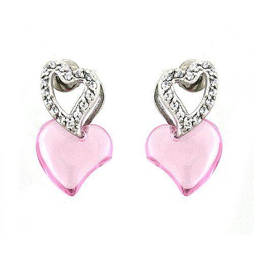 Rhodium 925 Sterling Silver Earrings with Pink Heart Design
