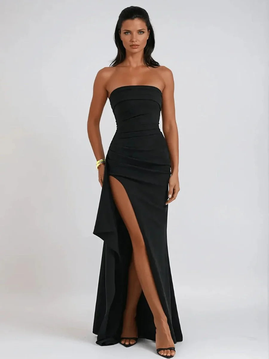 Yaser Strapless Split Long Dress  Pleated