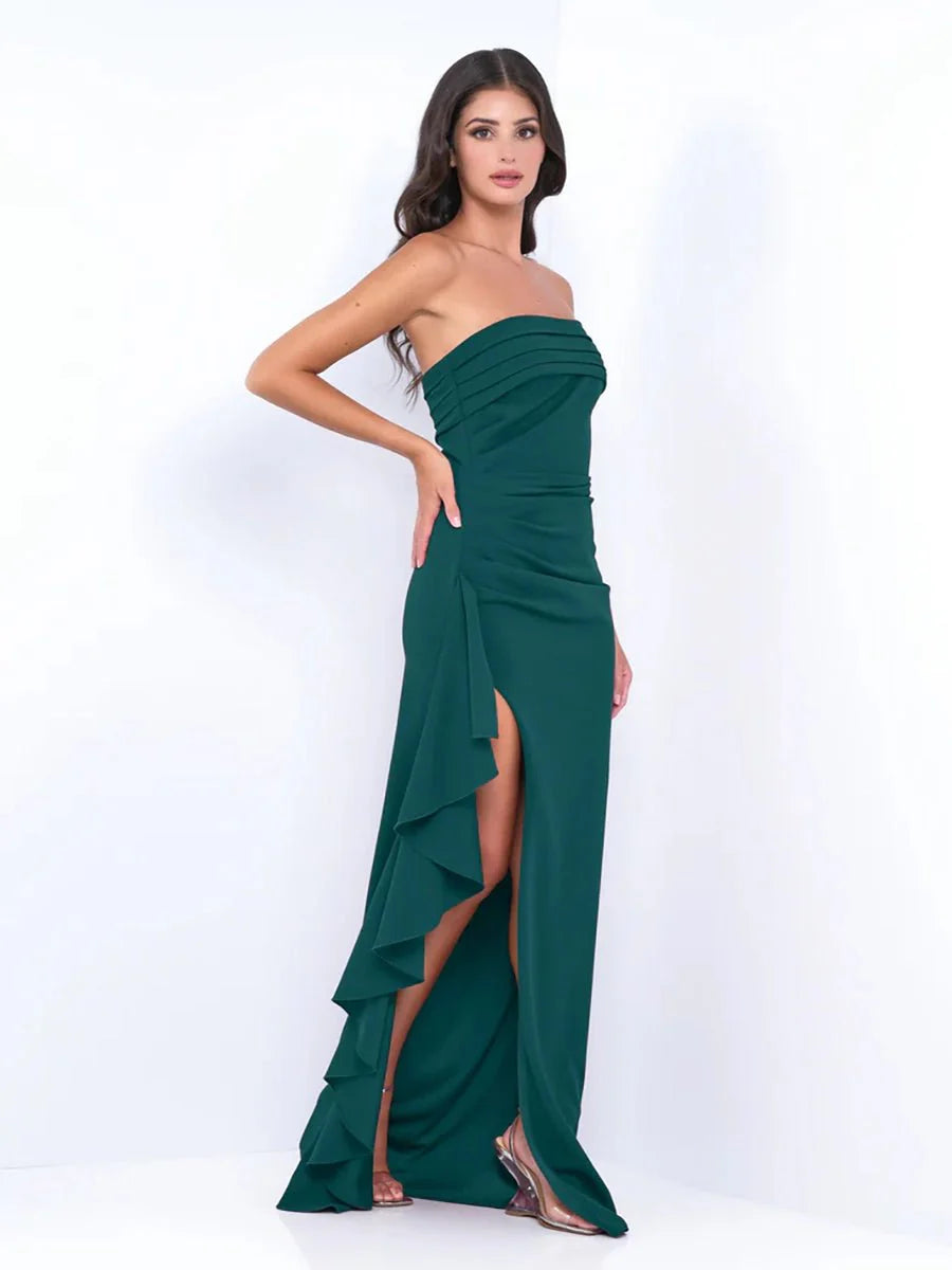 Yaser Strapless Split Long Dress  Pleated