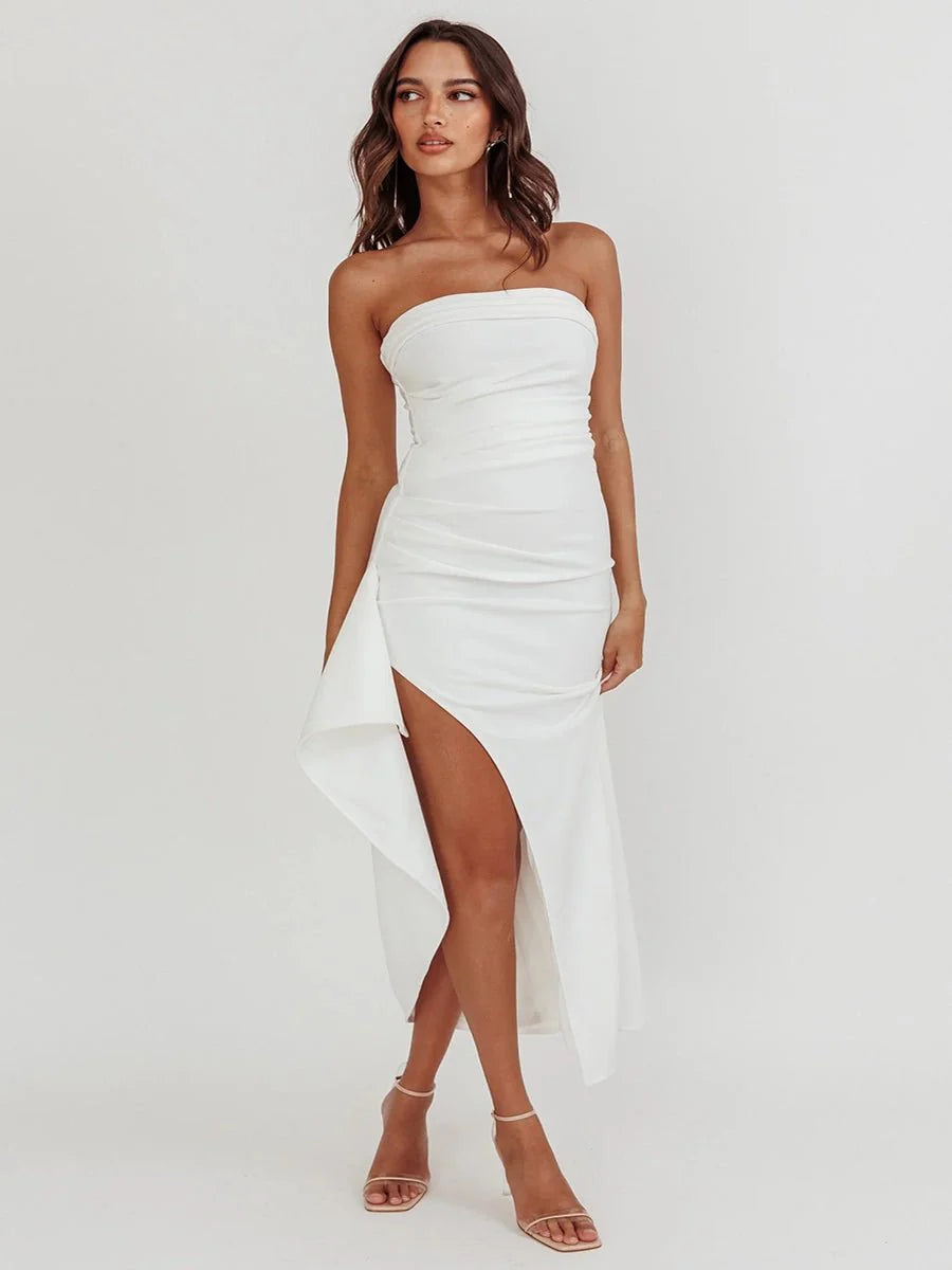 Yaser Strapless Split Long Dress  Pleated