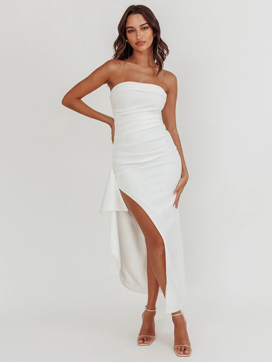 Yaser Strapless Split Long Dress  Pleated